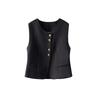 Women Black Round Neck Sleeveless Blazer Vest Gold Button Casual Waistcoat