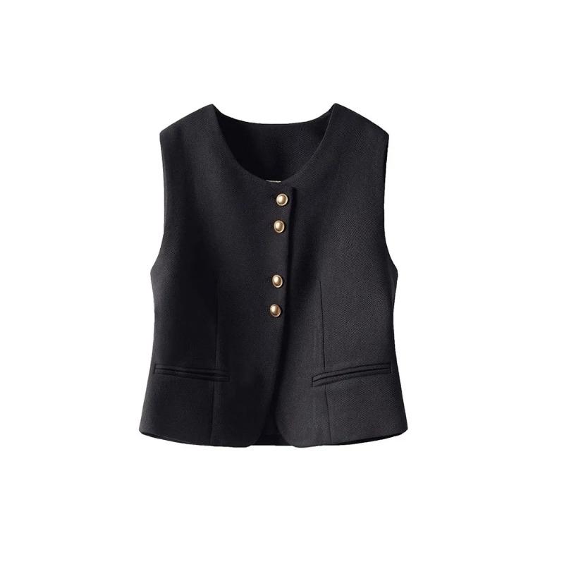 

Women Black Round Neck Sleeveless Blazer Vest Gold Button Casual Waistcoat M чёрный