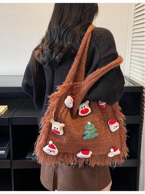 Wool Knitted Retro Cartoon Shoulder Bag - Large Capacity Autumn/Winter Fashion for Women & Girls