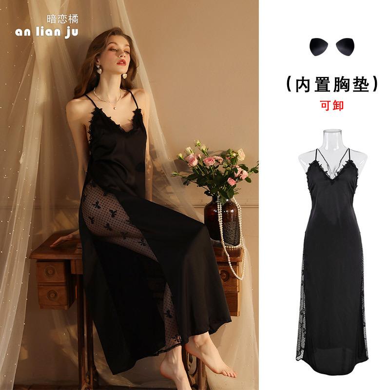 

Сексуальная длинная ночная рубашка с подтяжками на груди, юбка с длинными рукавами, атласная пижама для секса из ледяного шелка для женщин L