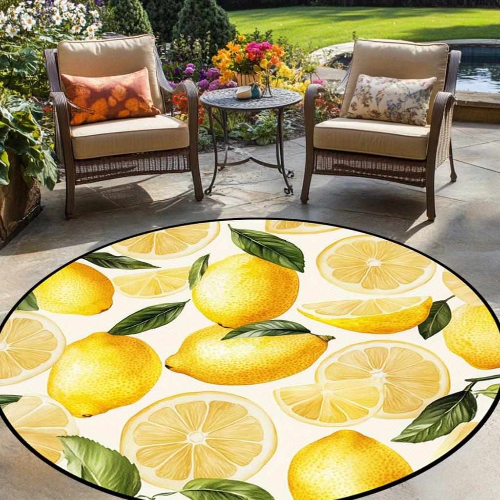 Lemon Pattern Round Rug Yellow Fruit Non-Slip Floor Mat 2D Flat Washable Area Rug for Living Room Bedroom Spring Decor