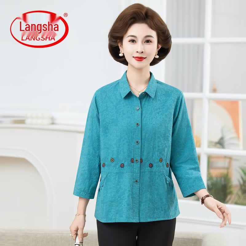 Langsha Women s Floral Pure Cotton 3/4 Sleeve Shirt XL