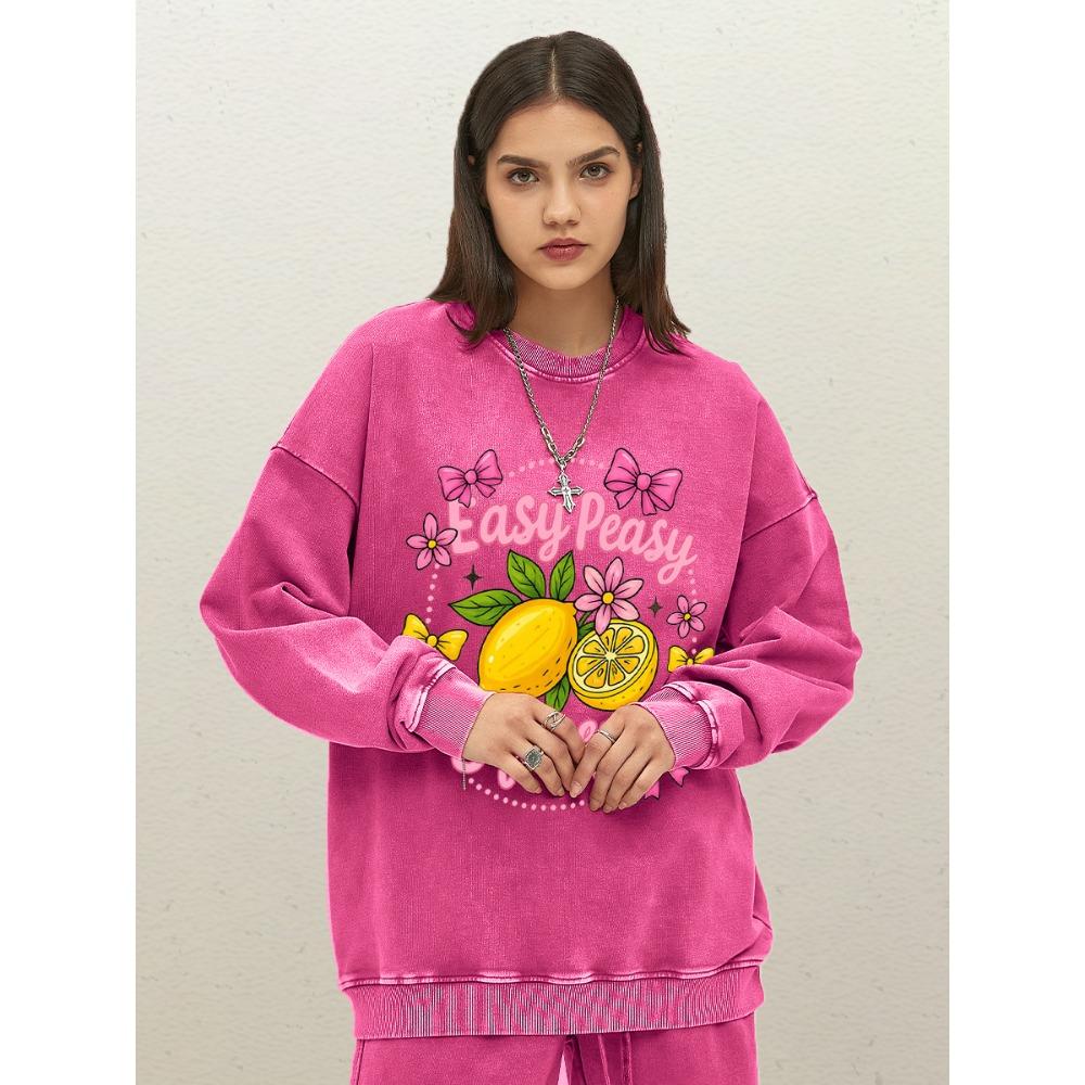 

Easy Peasy Squeezy Bow Lemon Fruit Printed Washed Sweatshirt Women Cotton Crewneck Pullovers Woman Autumn Oversize S