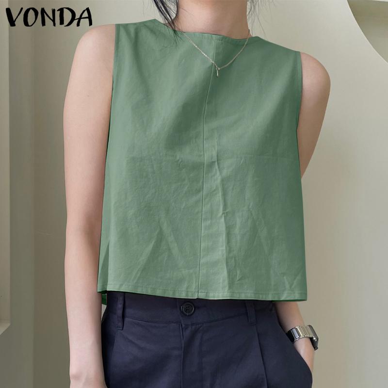 VONDA Women's Summer Round Neck Sleeveless Button Patch Solid Color Loose Vest