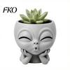 Office Desk Planter Funny Alien Face Planter, 3D Printed Novelty Plant Pot, Cute Gray Cactus Pot Head for Succulents Cacti Home Table Shelf