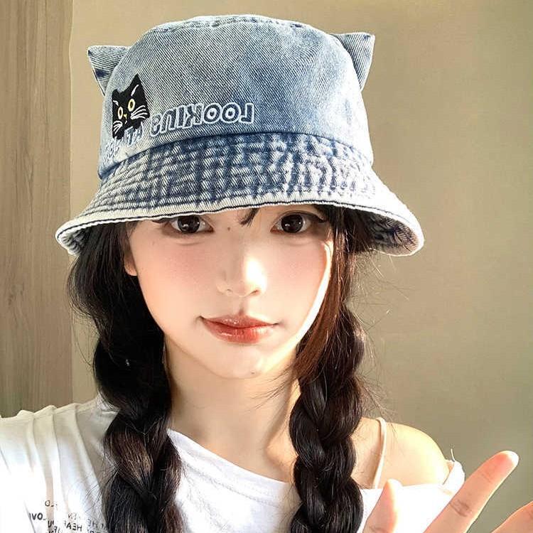 Cat ears embroidered bucket hat spring and autumn sweet hat women's retro versatile cowboy hat casual basin hat