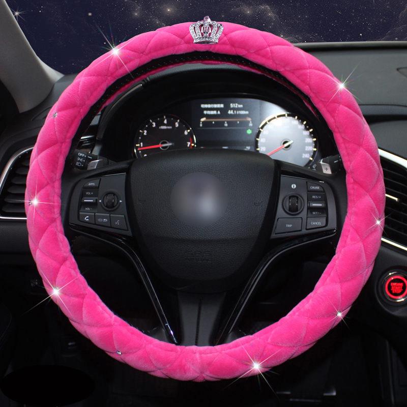 Winter Car Steering Wheel Cover Diamond Crystal Crown Plush Fur Steering-Wheel Cases Auto Interior Accessories For Women Girls