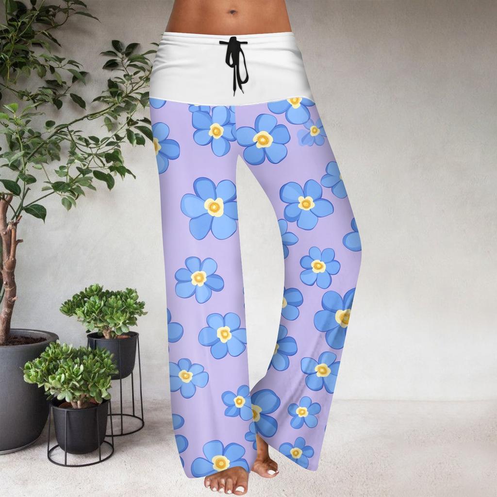 Women's Drawstring Elastic Waistband Wide Leg Color Matching Floral Printed Casual Pants