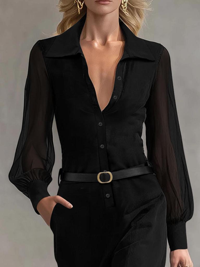 French Elegant Black Mesh Long Sleeve Waist-Cinching Slim Dress for Women