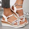 Fashion Fashion Crystal Wedge Heeled Sandals Women Summer Cross Straps White Sandles Woman Ankle Buckle Gladiator Sandalias Plus Size 43