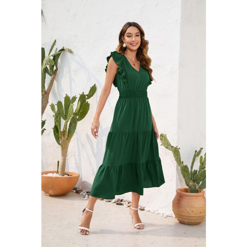 V-Ausschnitt Hohe Taille Langes Kleid Lässig Urlaubsreise