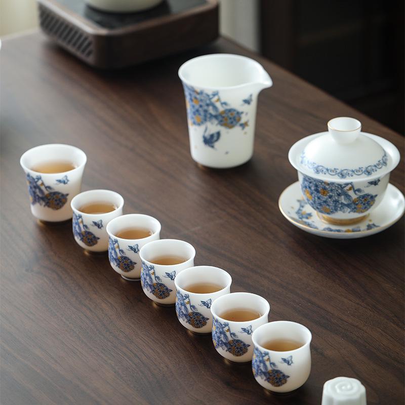 Ice Jade Mutton Fat Jade White Porcelain Tea Set with Enamel Painted Hydrangea and Sancai Gaiwan