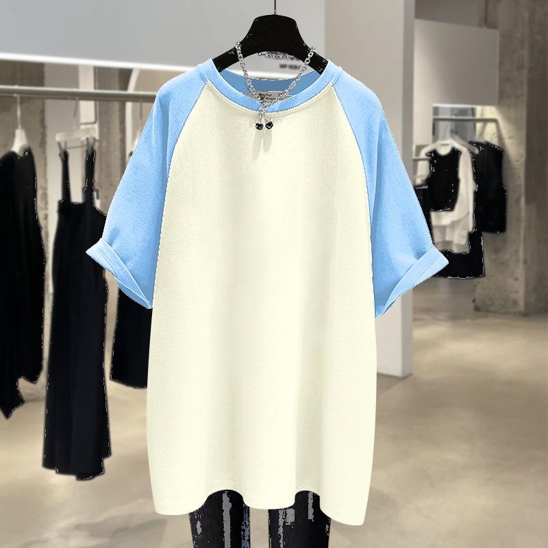 220g Pure Cotton Summer New Large Version Loose Contrasting Rag-sleeved Short-sleeved T-shirt for Women