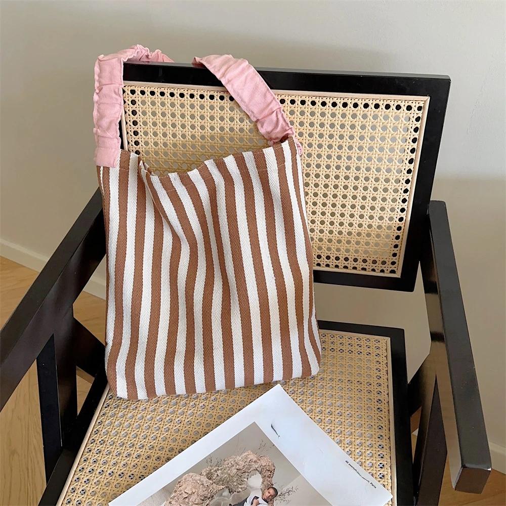 

Ctrast Color Women s Stripe Shoulder Bags Simple Canvas College Girls Book Tote Shopping Bag Casual Female Travel Handbags коричневий