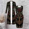 Women Plus Size Black Printed Two Piece Set Long Sleeve Open Front Cardigan Sleeveless Bodycon Dress