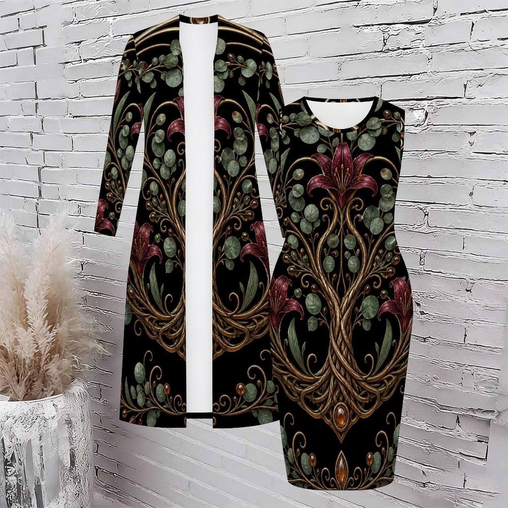 Women Plus Size Black Printed Two Piece Set Long Sleeve Open Front Cardigan Sleeveless Bodycon Dress