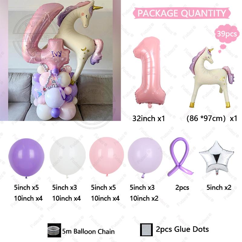 39pcs Cartoon Unicorn Balloon Pink Numbers 1-9 Birthday Balloon Set Cartoon Animal Theme Party Decoration Photo Background