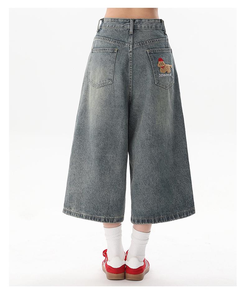 Women's Retro Cute Embroidered Puppy Chenille Denim Shorts - 2025 Summer Seven-Point Loose Fit