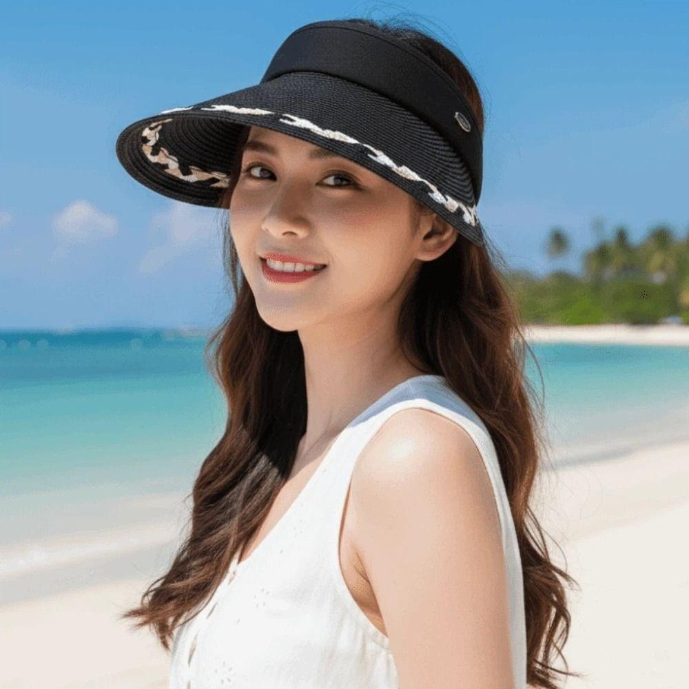 Portable Wide Brim Woven Cap Solid Color Sunscreen Empty Top Hat Travel Straw Visor Cap  Summer