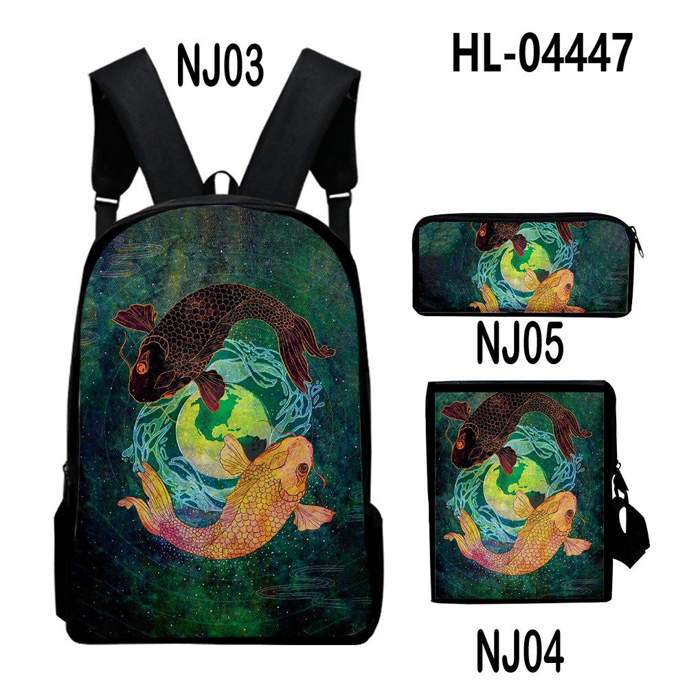 Classic Novelty Cool Koi Carp 3D Print 3pcs/Set Pupil School Bags Laptop Daypack Backpack Inclined Shoulder Bag Pencil Case