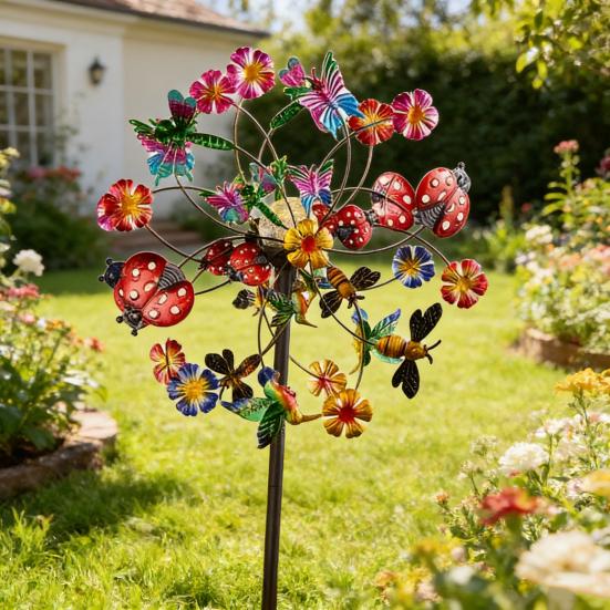 Trädgårds vindsnurra med pinne Fjärilar Fåglar Blommor Kinetisk väderkvarn 34 tum Metall Utomhus vindskulptur Gårdskonst Dekoration för uteplats Gräsmatta