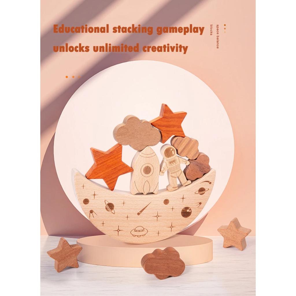 Montessori Toys Wooden Balance Boat Blocks Stacking Tower Games Space Moon Balance Blocks Fine Motor Skill Early Education Toys
