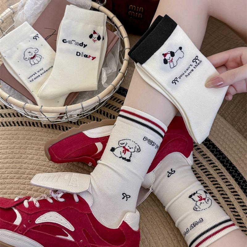 White Cute Cartoon English Dog Boneless Mid-calf Socks for Women, Pure Cotton Bow Polka Dot Pile Socks