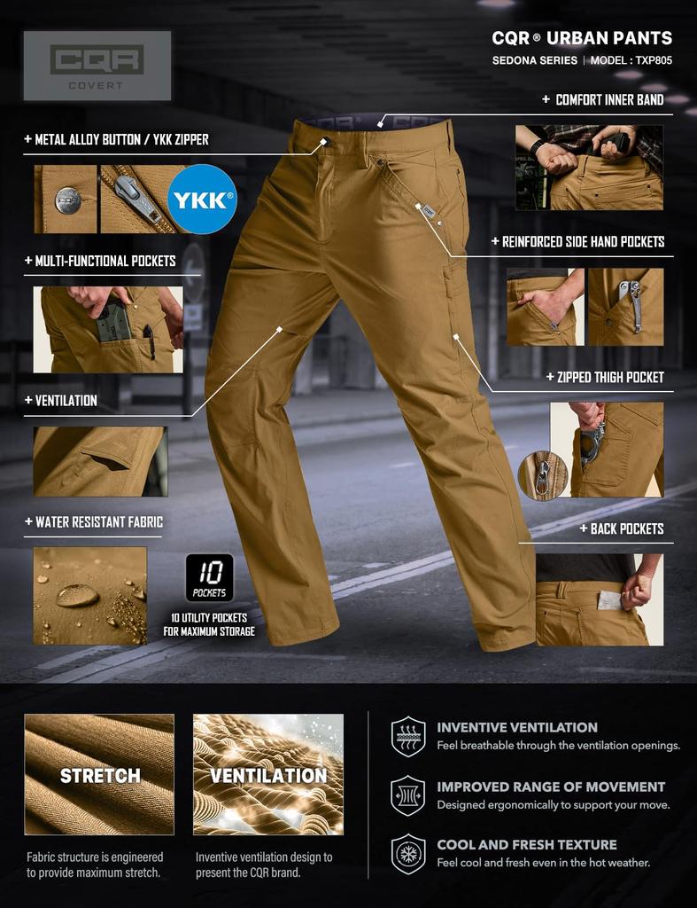 Men's Tactical Cooling Pants, Breathable, Quick-Drying, with Multifunctional Pockets, Suitable for Outdoor, Work, and Casual Wear (TXP805-GOK_32W/32L)