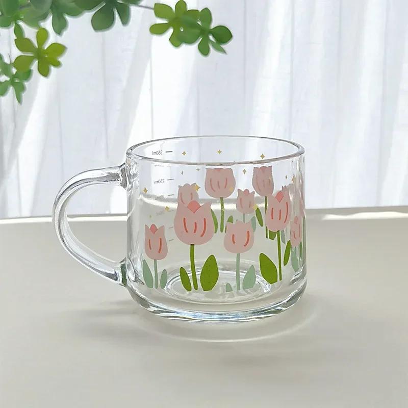 Glass Mug 350ml Cartoon Home Office Ins Coffee Cup with Straw Cup with Lid and Spoon High Temperature Roasted Flower Drink Cups