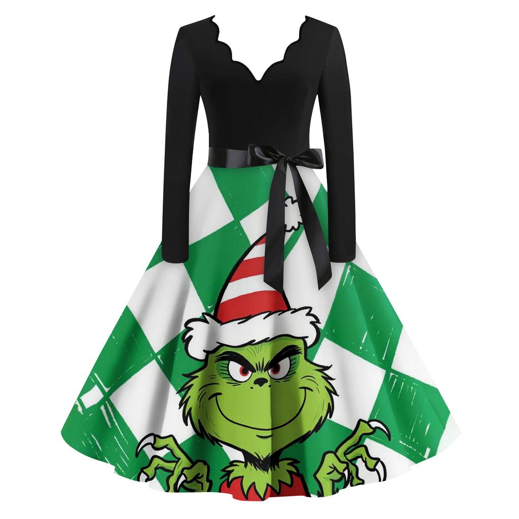 Ladies' Fashionable Retro Long Sleeved Square Neck Christmas Printed Evening Dress Dress