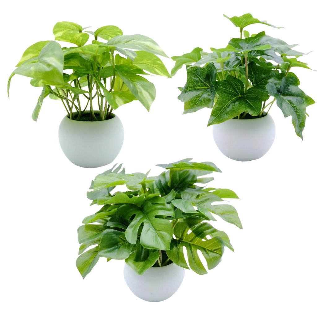 East Leaf Faux Greenery Artificial Mini Houseplants for Tabletop Decor, Monstera, Potos, and Ivy, Set of 3