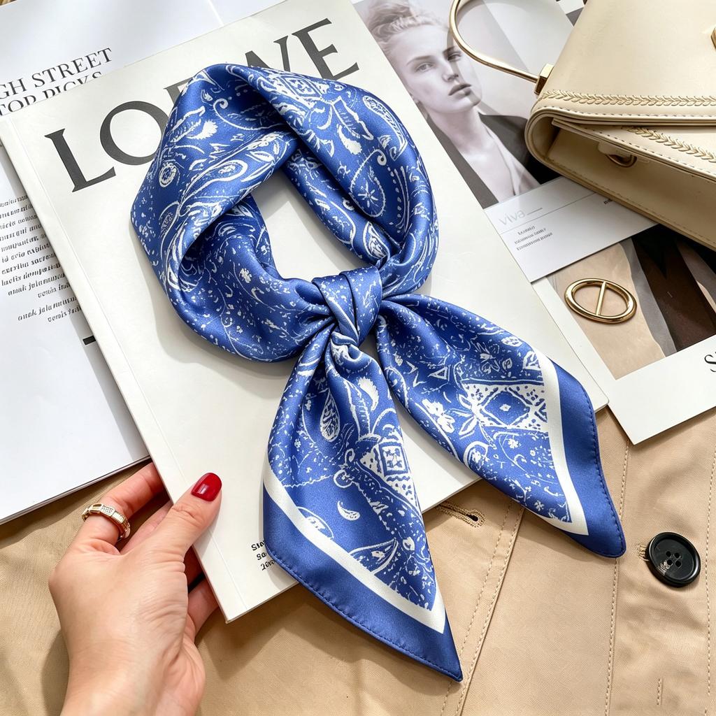 Commuter elegant flower silk scarf women's contrasting color retro printing satin scarf shirt with multi-purpose decorative small scarf