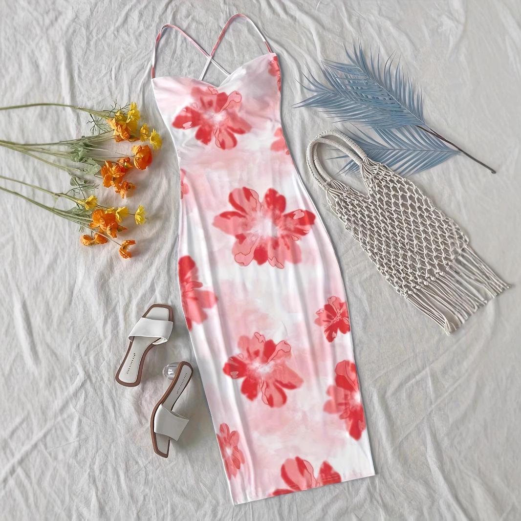 

Женское летнее платье для отдыха в стиле отпуска с большим цветочным принтом, воротником-стойкой, открытой спиной, тонкими бретелями, цветочное платье XXL розовый