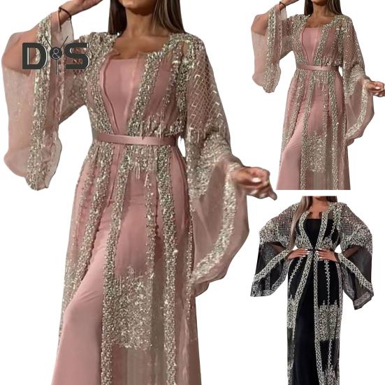 2 Pcs/Set Women Evening Dress Big Swing Shiny Bronzed Cardigan Slip Dress Set See-through Mesh Long Sleeve Coat Cocktail Events Special Occasions
