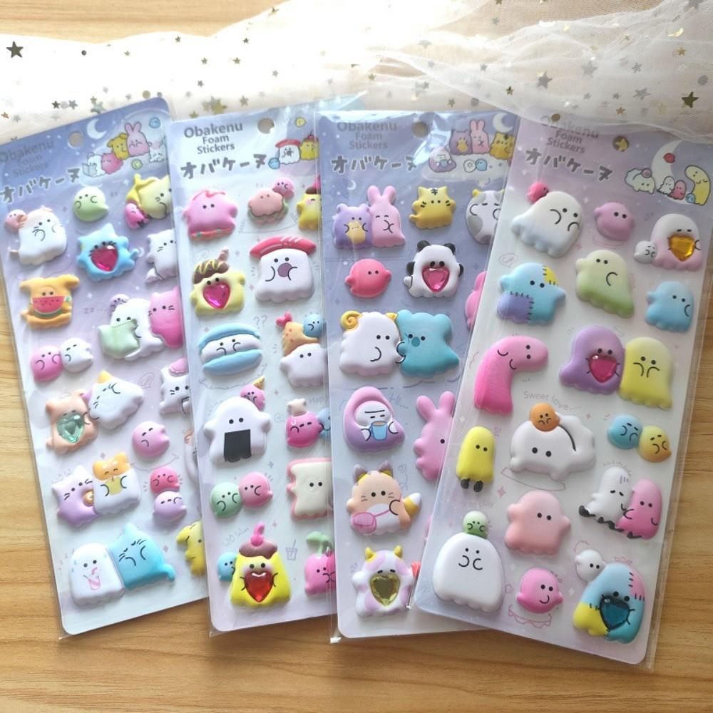 

4-Piece Adorable Plushy 3D Bubble EVA Stickers with Diamonds - Ghost Animal Kids Reusable Adhesive Stickers for Backpacks