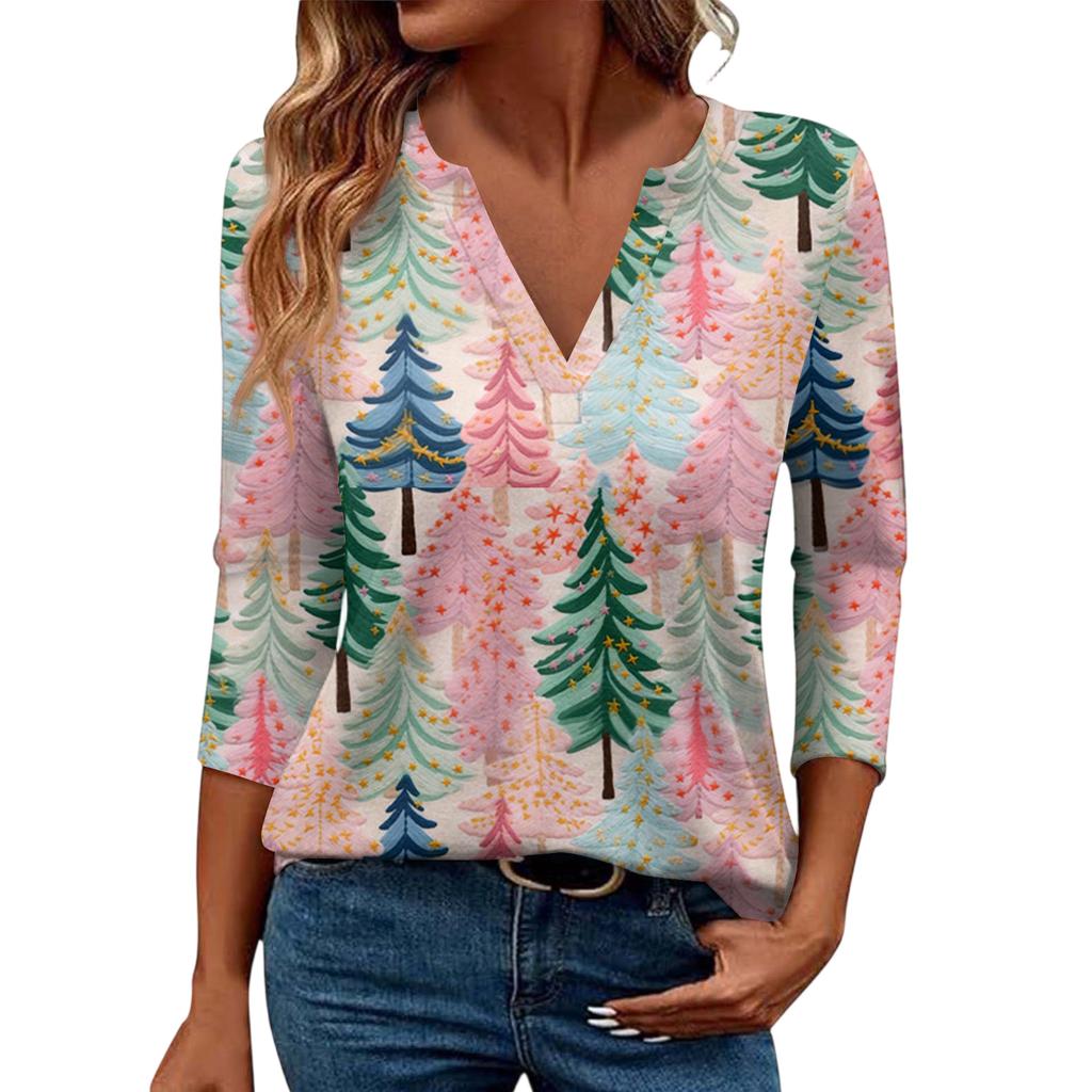 Women's Casual Fashionable Sexy Comfortable V-Neck Christmas Three-Quarter Sleeve Top