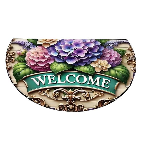 Floral Doormat Absorbent Half Round Floor Mat Non-Slip Door Mat Decorative Entrance Rug for Living Room Bathroom Kitchen