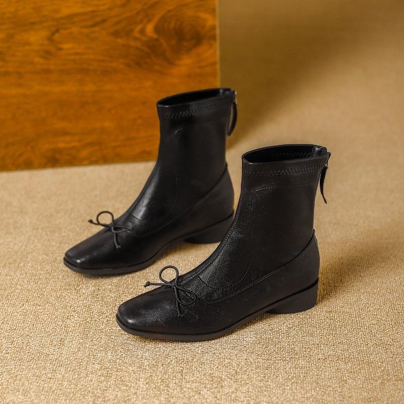 Autumn and winter new bow square head short boots women s rear zipper soft leather elastic thin boots fashionable versatile retro women s boots 34