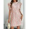 Women Summer Vintage Dresses Textured Jacquard Round Neck Bubble Sleeve New Style