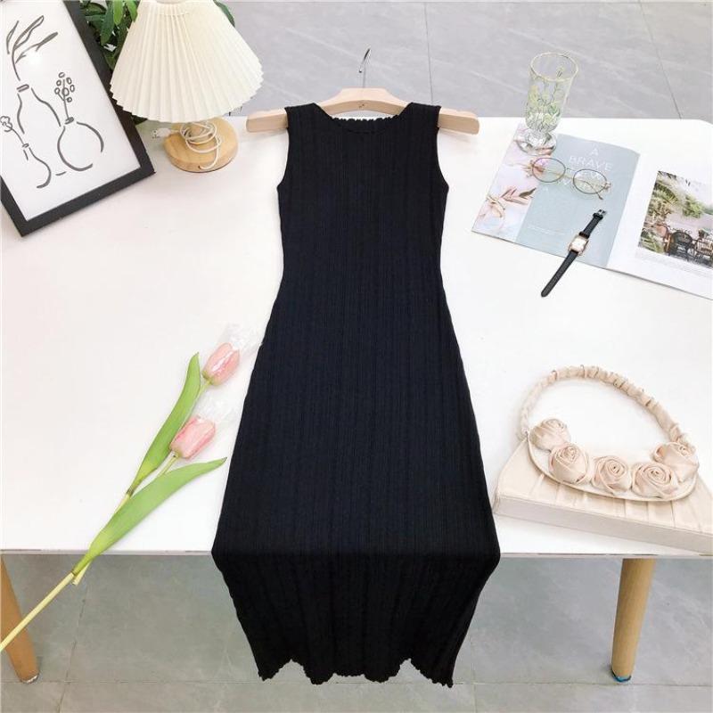 Sleeveless Knitted Pit Stripe Vest Dress Solid Round Collar High Waist Women's Dress Casual Commuting Long Dresses C-312