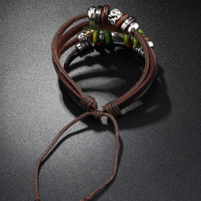 Punk Handmade Beaded Cowhide Bracelet Alloy Tree of Life Logo Leather Woven Bracelet Fashion