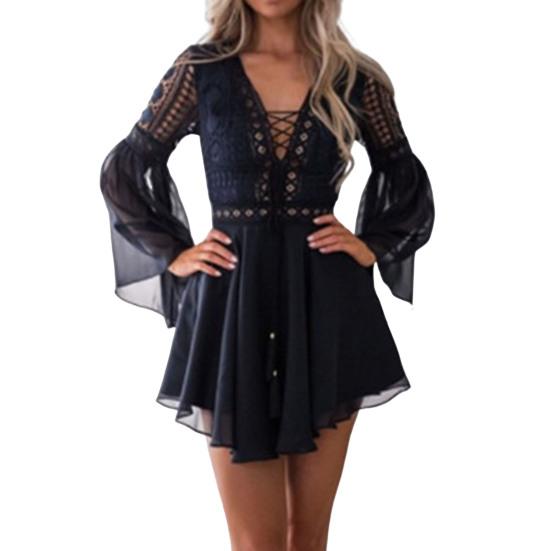 

Women Dress V Neck Hollow Out Long Sleeves Solid Color Horn Sleeve XL
