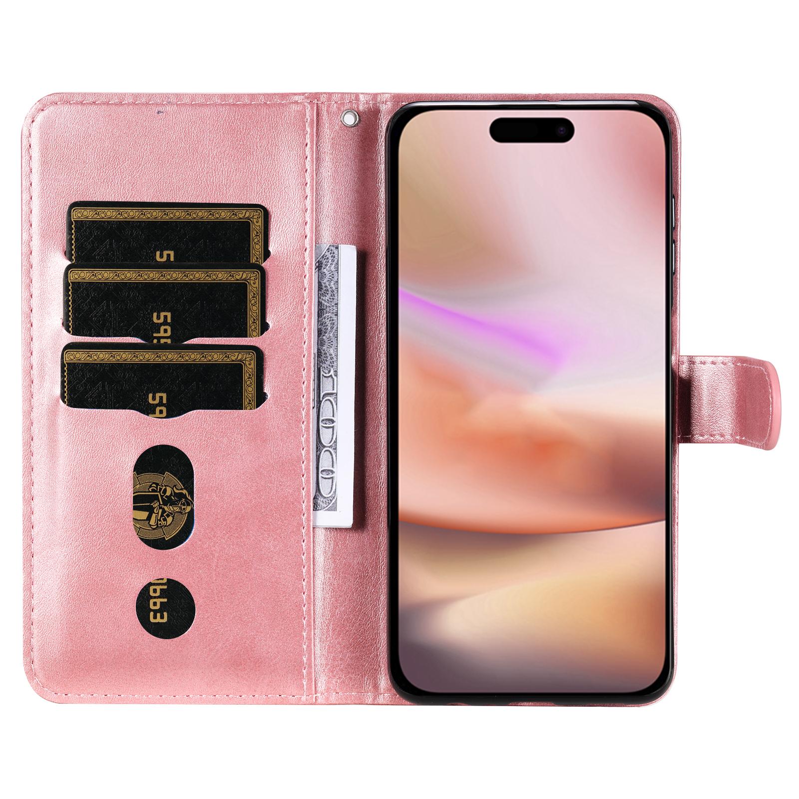 

For iPhone 16 Plus Case PU Leather Card Slots Zipper Pocket Phone Cover Pink
