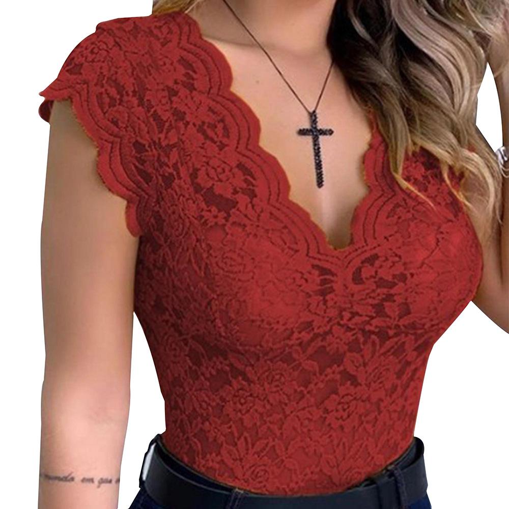 Canotte da donna in pizzo sexy con scollo a V, canottiere da donna, vestibilità slim, senza maniche, camicia elasticizzata