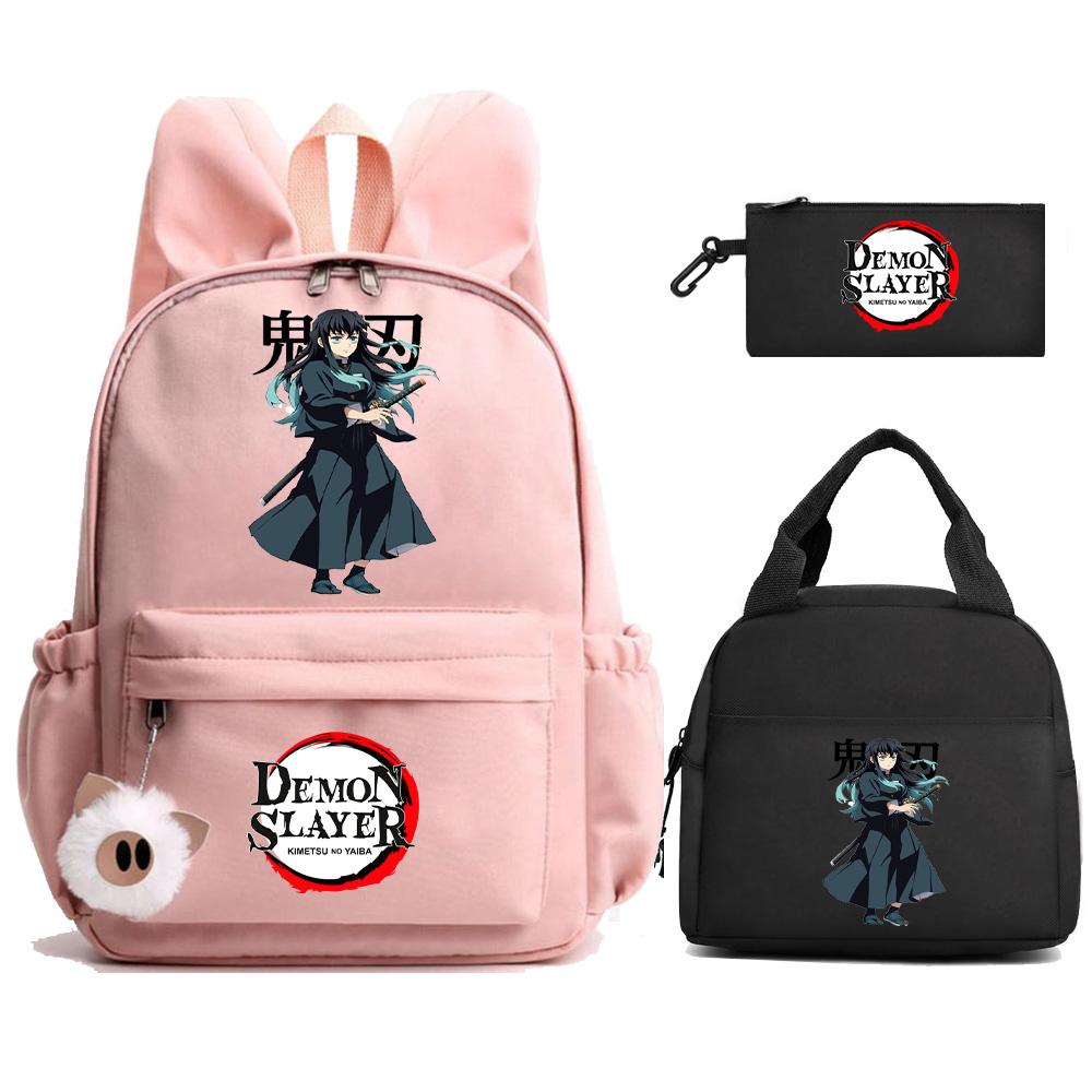 3Pcs/set Anime Demon Slayer Printed Backpack Lunch Bag Pencil Case for Student Schoolbag Girl Women Large Capacity Waterproof Travel Bag Gift
