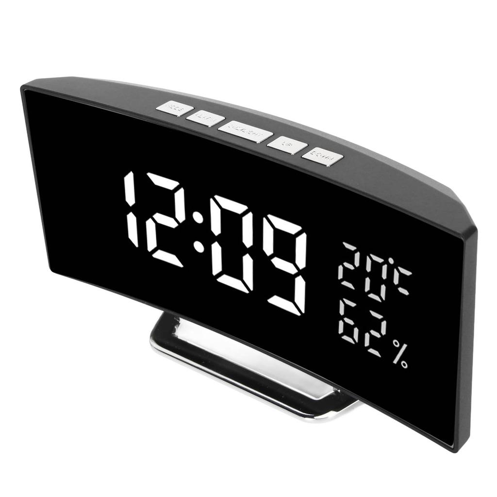 Curved Digital Clock LED Mirror Backlight 3 Level Brightness Desktop Clock with Temperature Humidity