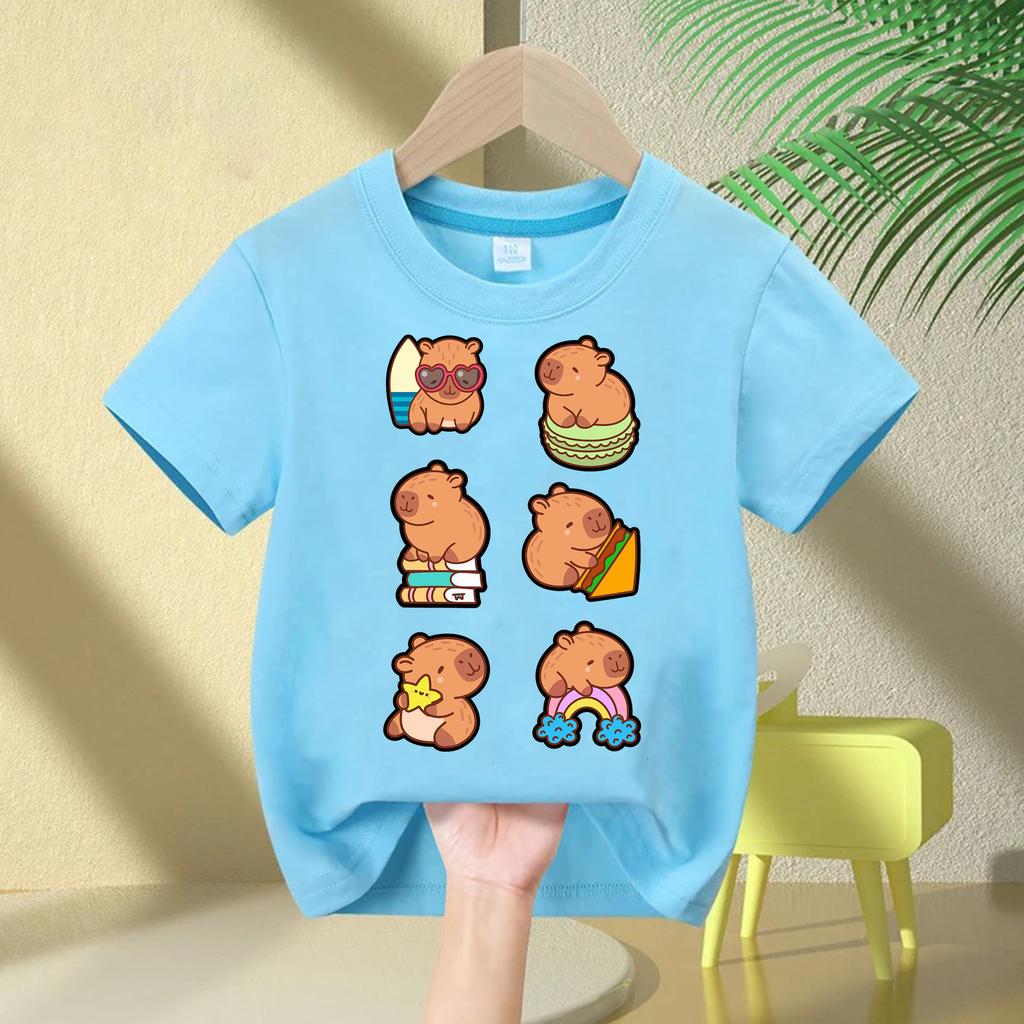 Cute Capybara Children's T-shirt Love Bubble Balloon Print Summer Children's Cotton Short-sleeved Casual Tops Boys Girls Birthda