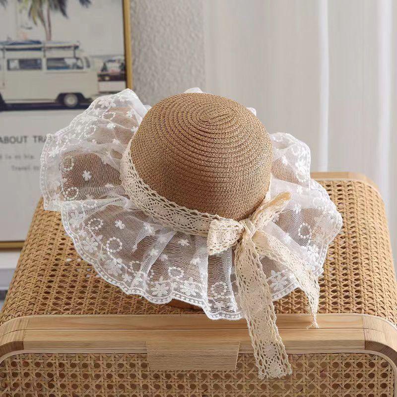 Chapeau de Paille d'Été pour Bébé Fille Couleur Unie Dentelle Volant Chapeau de Pêcheur pour Enfants Casquettes de Plage d'Extérieur Pare-soleil Chapeaux Bob à Large Bord