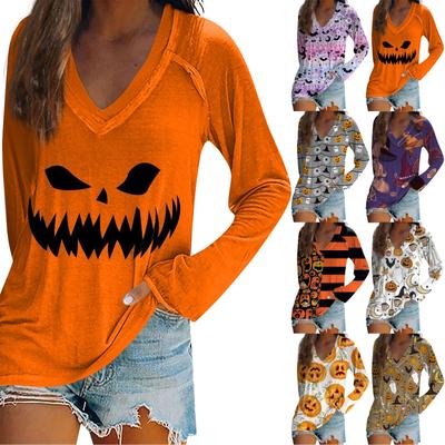 Dámske tričko s dlhým rukávom s výstrihom do V a halloweenskou potlačou, ležérny top