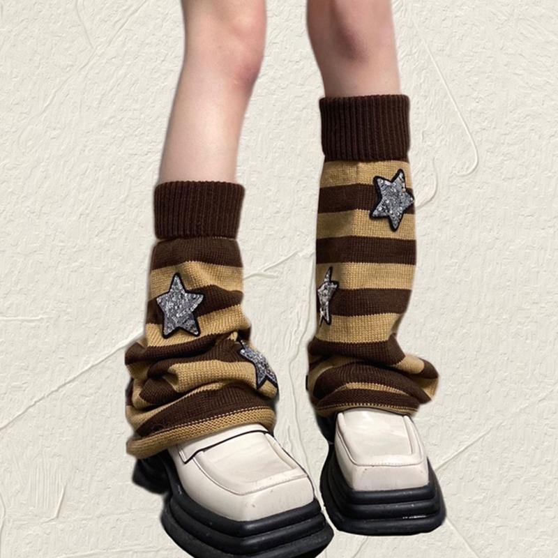Harajuku Women Autumn Leg Warmers Socks Japanese Gothic Striped Sequins Stars Knitted Long Socks Punk Baggy Foot Covers